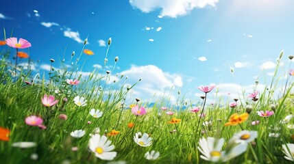 Picturesque summer meadow, field with wildflowers, blue sky with clouds banner, in sunlight