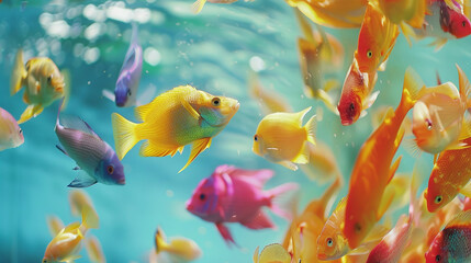 A vibrant school of tropical fish swimming in crystal-clear water, their colors popping against a...