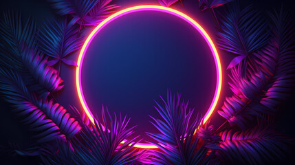 Fototapeta na wymiar Glowing neon border embracing abstract palm leaves