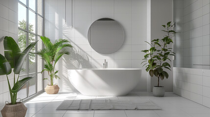 A minimalist bathroom with a white bathtub, a glass shower, and a floating vanity. The walls and floor are covered in large white tiles that create a clean and sleek look. A round mirror and a potted  - Powered by Adobe