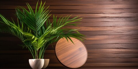 Wooden background with a palm tree and mirror. Health and beauty concept with space for product display.