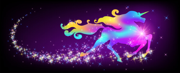 Obraz na płótnie Canvas Galloping iridescent unicorn with luxurious winding mane against the background of the fantasy universe with sparkling stars.