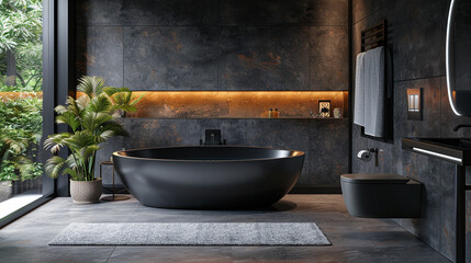 A contemporary bathroom with a black tub, a sink, a toilet and a towel rack