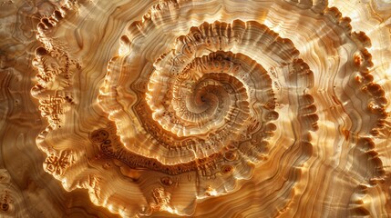 A spiral shell with intricate patterns and textures sits on a beach, embodying the essence of the sea and nature Its design, reminiscent of a snail or ammonite, showcases a blend of art and fossil-lik
