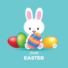 Cute easter baby bunny with colorful eggs vector illustration. Adorable easter white bunny and colored eggs icon vector. Template for background, banner, card, poster. Happy Easter greeting card