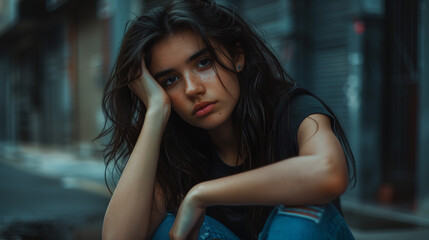 Teenager sitting on ground, looking down, appears contemplative and emotionally somber in urban setting - obrazy, fototapety, plakaty