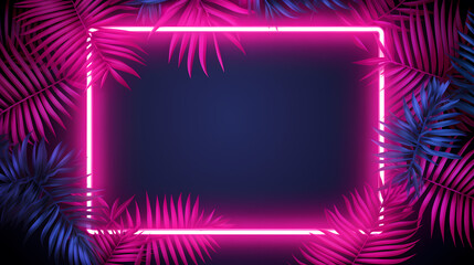 Fototapeta na wymiar Neon frame with tropical palm leaves