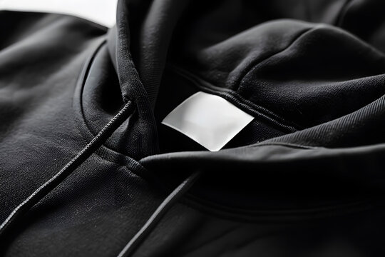 Black hooded sweatshirt with blank label collar for brand logotype