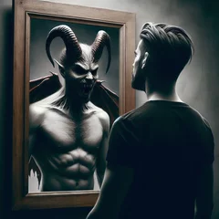 Foto op Plexiglas A reflective piece showing a man and his sinister, horned alter ego in the mirror © Iaroslav