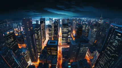 Obraz premium High angle view of city at night with skyscrapers and large buildings