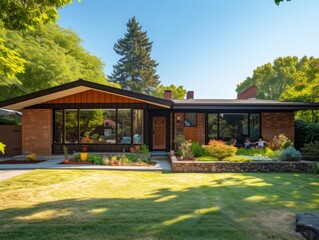 A mid-century modern bungalow situated in a leafy suburban neighborhood
