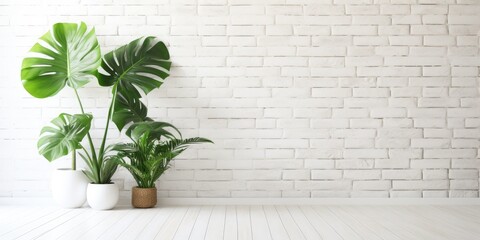 Botanic living room with white brick wall and monstera leaves wallpaper in a bright flat.