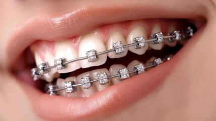 Close up of teeth with braces, orthodontic treatment concept, dental healthcare background