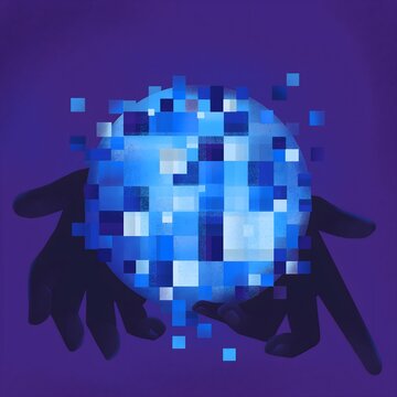 hand and digital ball, data,