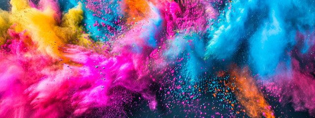 Vibrant Holi Festival Colors Explosion with Greetings. - obrazy, fototapety, plakaty