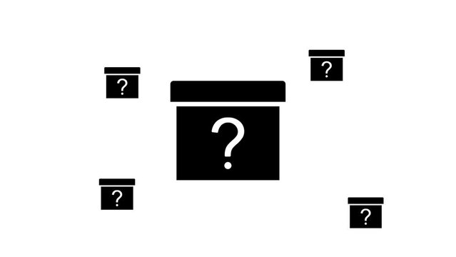 Zoom in and out animation the gift box with a question symbol. Large black symbol in the center and four small symbols around. Seamless looped 4k animation on white background