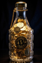 Golden Bitcoins in glass bottle