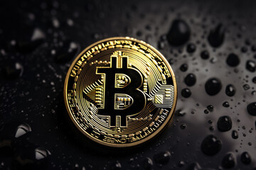 Golden Bitcoin logo on black water drops background