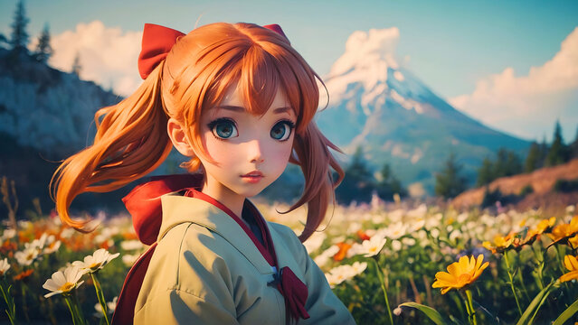 An adorable animated girl, enjoying a beautiful day with a mountain view.