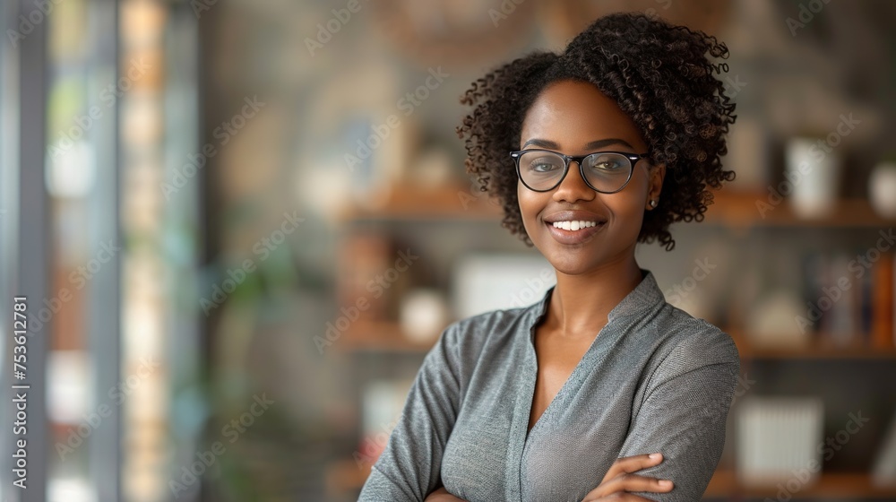 Wall mural Arms crossed, lawyer or portrait of happy black woman with smile or confidence working in a law firm. Confidence