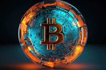 Bitcoin logo on transparent glass blue and orange disk