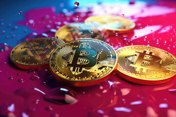 Golden Bitcoins scattered on red water drops background