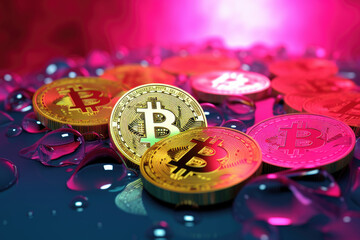 Golden Bitcoins scattered on colorful water drops background