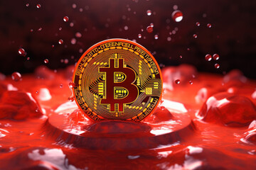 Bitcoin logo on red water splash background
