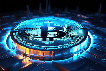 Metal bitcoin logo disk with blue glowing lights