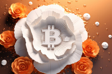 Bitcoin logo on white flower and orange background
