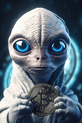 Alien with blue eyes holds bitcoin logo