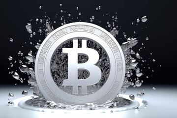 White bitcoin logo on shite snow background