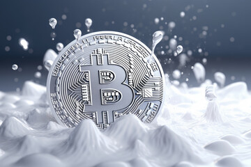 White bitcoin logo on shite snow background