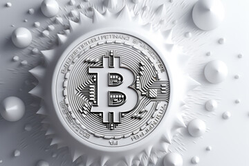 White bitcoin logo on shite snow background