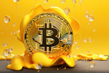 Golden bitcoin logo on yellow splash background