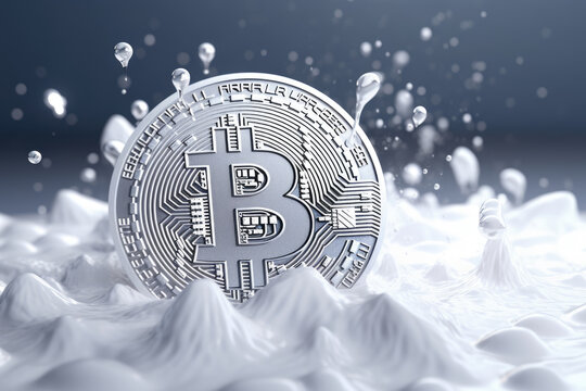 White bitcoin logo on shite snow background