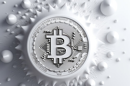 White bitcoin logo on shite snow background