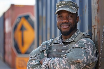 Smiling serviceman in uniform leaning against shipping containers