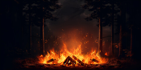 Autumn Bonfire ,3D rendering of big bonfire with sparks and particles in front of pine trees and starry sky