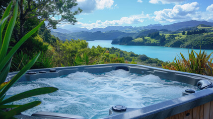 An outdoor hot tub with bubbling water on a wooden deck overlooks a serene lake surrounded by lush greenery and hills under a blue sky. - obrazy, fototapety, plakaty