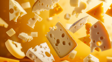 Assortment of cheese flying around with pastel background, cheddar, French soft cheese