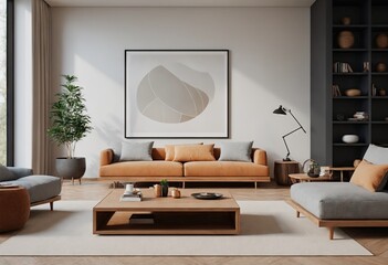 Laconic room with velvet beige sofa, bookcase and plant against wall. Concept of Modern Scandinavian style. Ai generation - obrazy, fototapety, plakaty