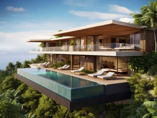 Obraz premium A modern house nestled amidst lush tropical vegetation