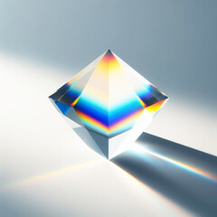 Transparent geometric figure radiating rainbow light on a white background. AI generated
