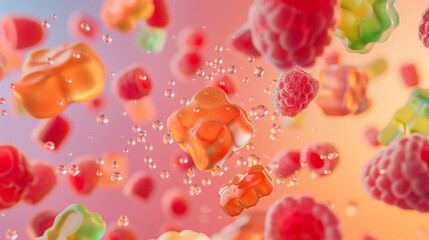 Gummy Candy and Jell Shots Falling in Dreamy Style with colorful
