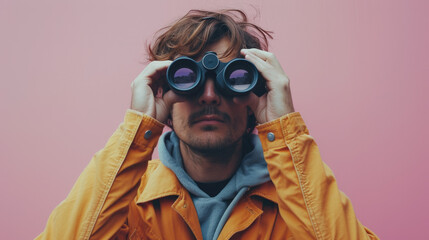 Man with Binoculars Against Pink
