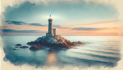 Watercolor of majestic lighthouse standing tall on a rugged rock, illuminated by a soft glow from the setting sun - obrazy, fototapety, plakaty