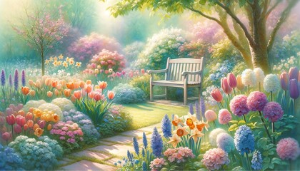 Watercolor of garden scene with a bench surrounded by a bounty of spring flower - obrazy, fototapety, plakaty