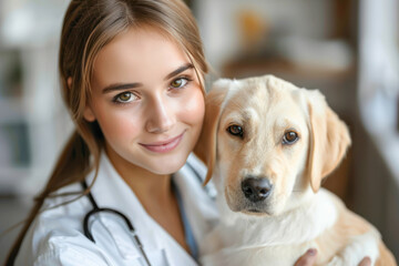 Dog with Veterinarian. Young female veterinarian warmly embraces a gentle golden retriever, highlighting the special bond between animals and caregivers.