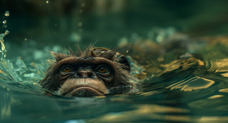Naklejka premium Serene Underwater Portrait of a Young Macaque Monkey with Vivid Eyes and Bubbles, Close-Up Wildlife Photography